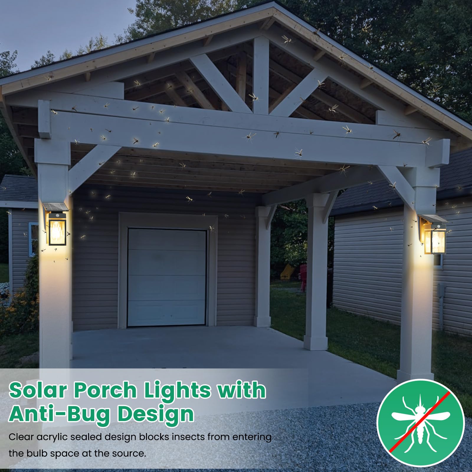 Solar Außenwandleuchten 2 Pack, E26 Bewegungsmelder, Solar Veranda Lichter mit 3 Modi, IP65 Wasserdicht Außenlaterne für Terrasse, Garten, Zaun u