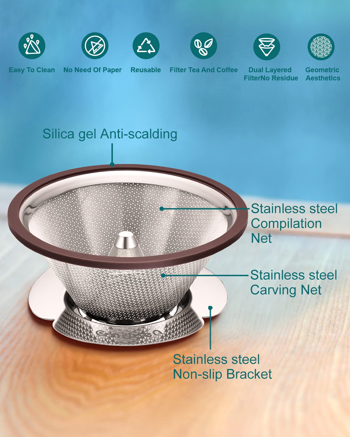Pour Over Coffee Gotero de acero inoxidable con cono de metal filtro de café sin papel reutilizable de una sola taza cafetera de 13 tazas con soporte de taza desmontable antideslizante y