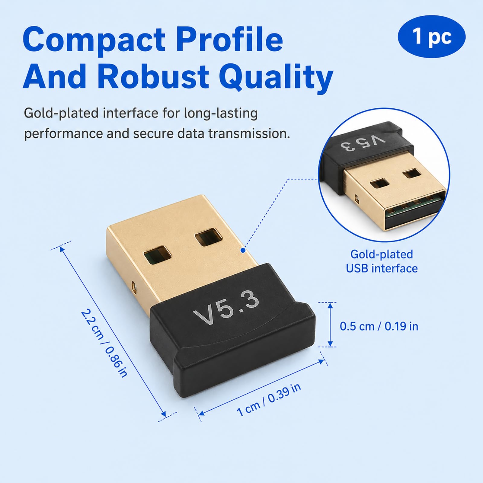 Bluetooth Adapter für PC, USB Bluetooth 5.3, Plug&Play, treiberfrei, Multi-Geräte kompatibel, bis 20m Reichweite, Audio 16 Bit/44,1 kHz, kompakt, tragbar, Windows 11/10/8.1/7, Laptop, Desktop, Headset