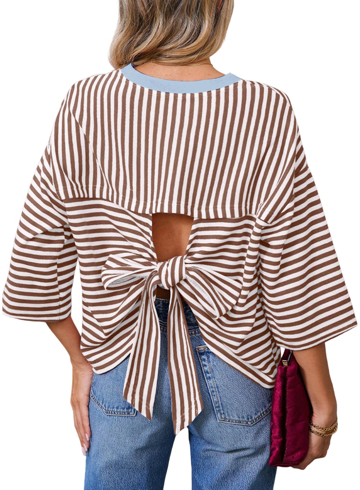 Dokotoo Womens Tops 2026 Striped Tie Back Short Sleeve T Shirts Crewneck Casual Loose Basic Tee Summer Outfits — view 11