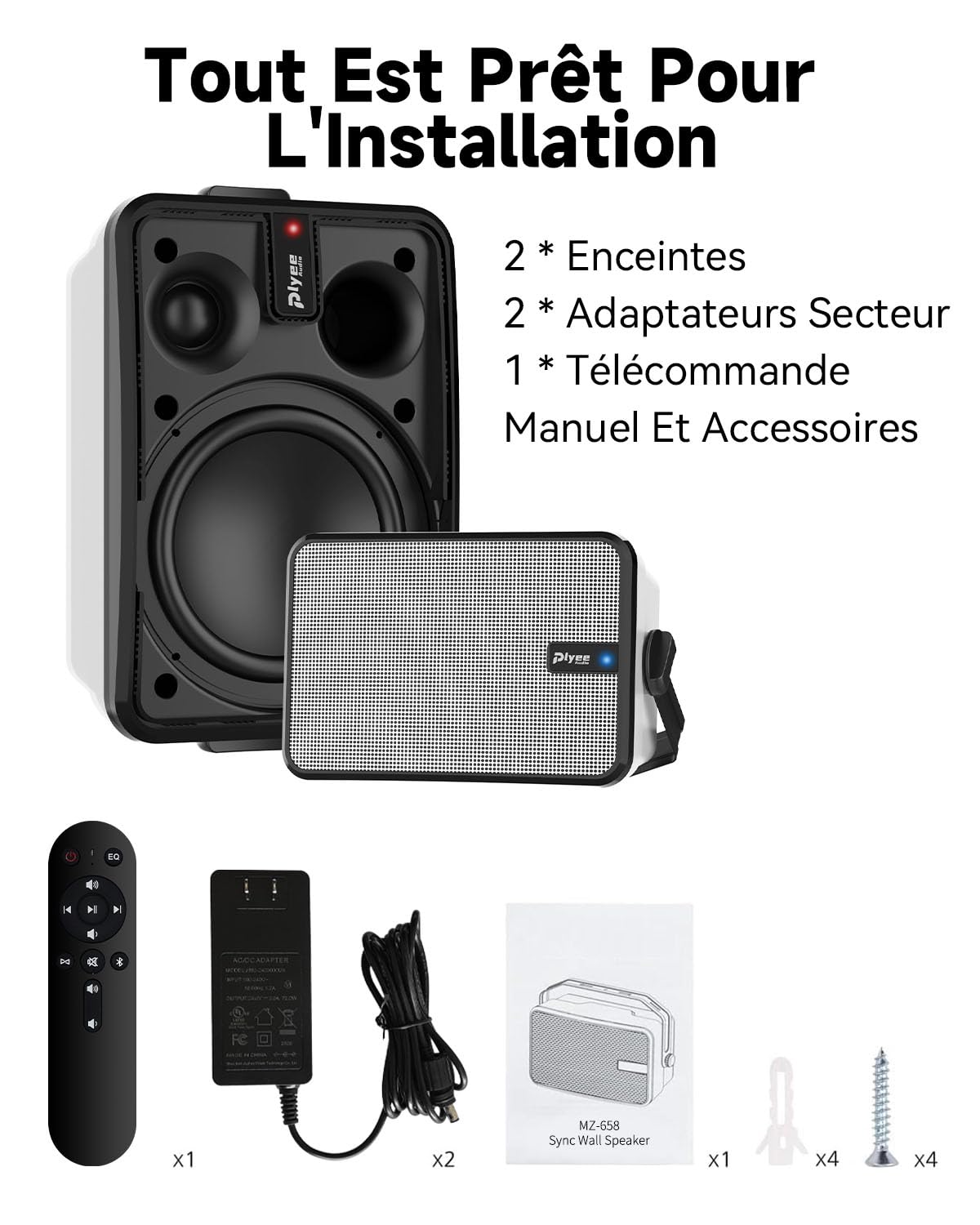 600W Enceinte Bluetooth Extérieure, Synchronisation sans Fil Entre Enceintes, Basses Puissantes, Montage Mural pour Terrasse, Véranda, Pergola, Garage, Lot De 2, Blanc (MZ-658)