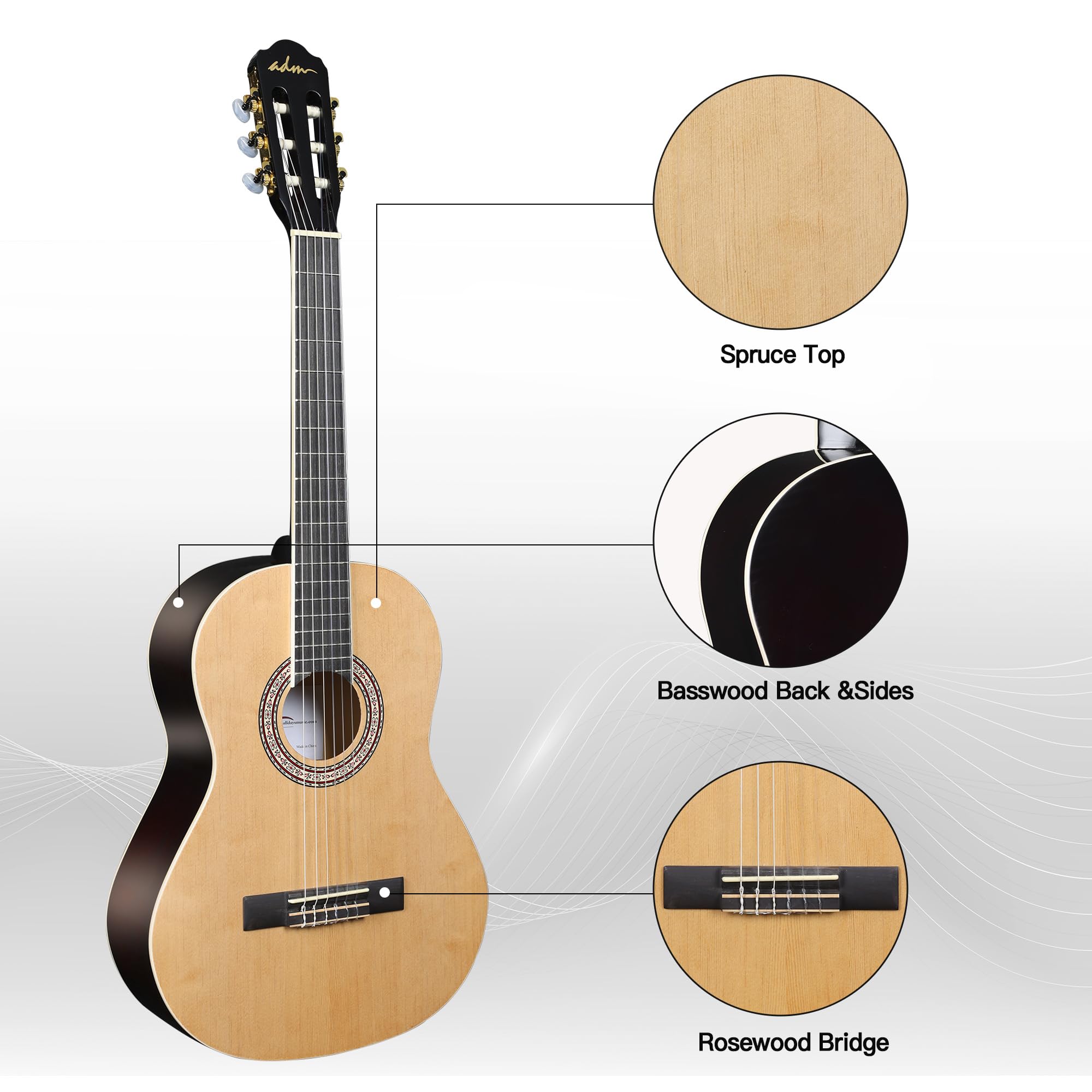 ADM Classical Nylon Strings Acoustic Guitar 36 Inch Classic Guitarra Starter Bundle for Adult with Free Lessons, Gig Bag, E-tuner, Footstool, Kids Student Beginner Kits, Nature