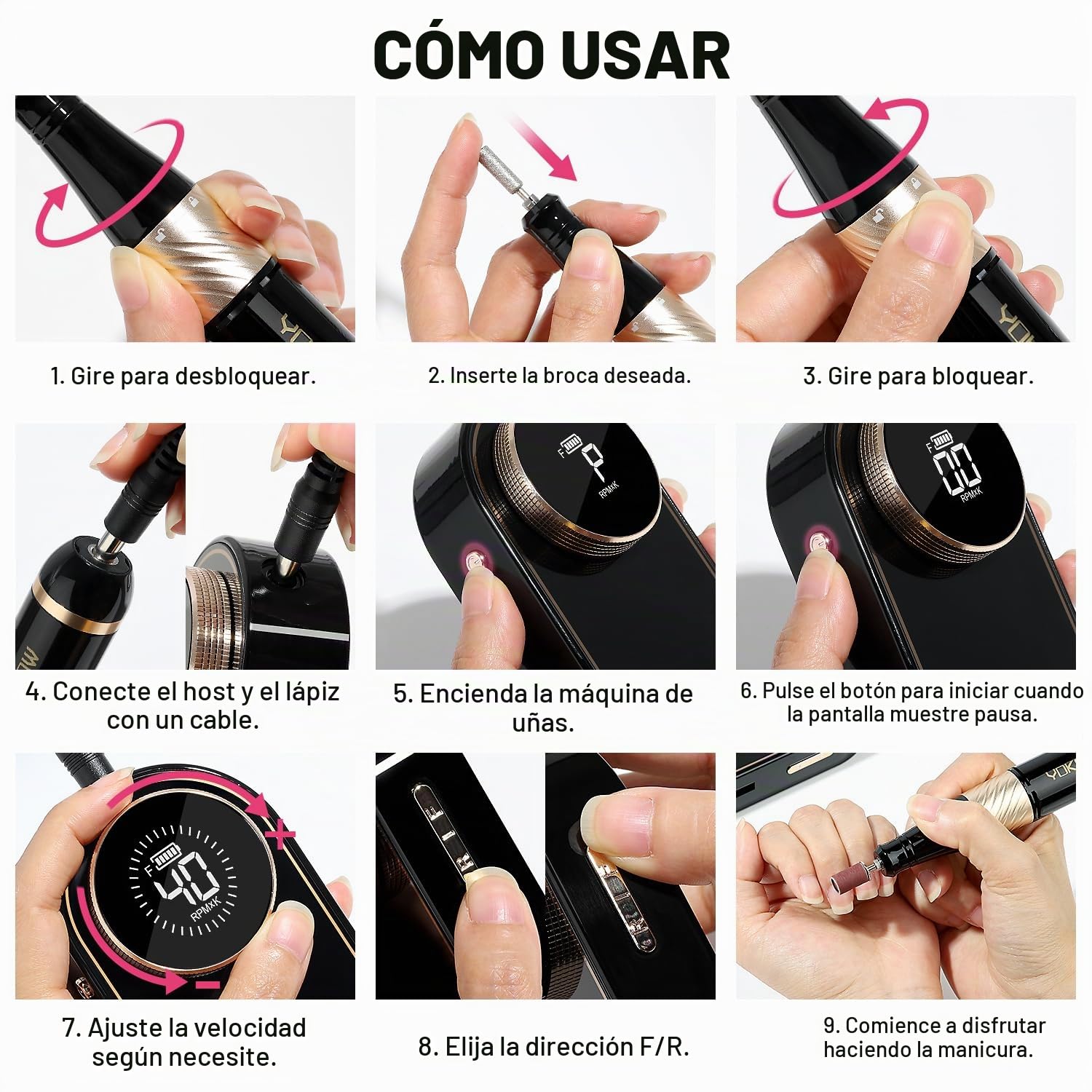 YOKE FELLOW Taladro de uñas profesional de 40000 RPM con 12 brocas para lima de uñas eléctrica, manicura, pedicura, uso doméstico (rosa)