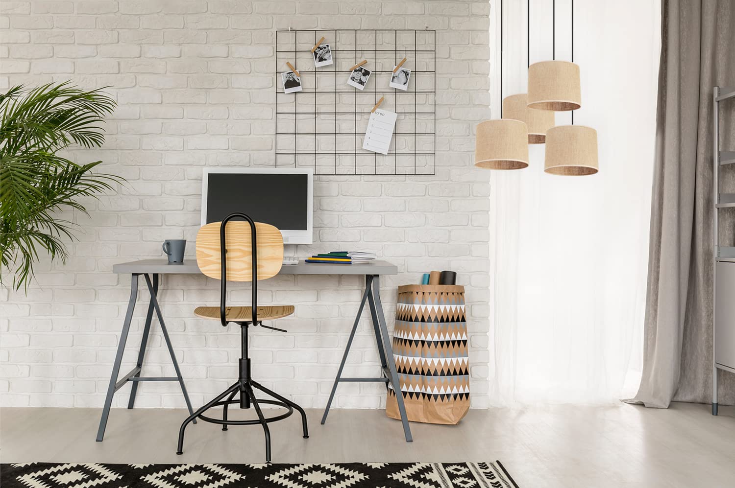 Light-Home Juta Lampara de Techo Colgante - Lampara de Techo Modernas - de Metal con Pantalla de tela - E27 - OV 4-Luce 20 cm - Negro Base y Yute