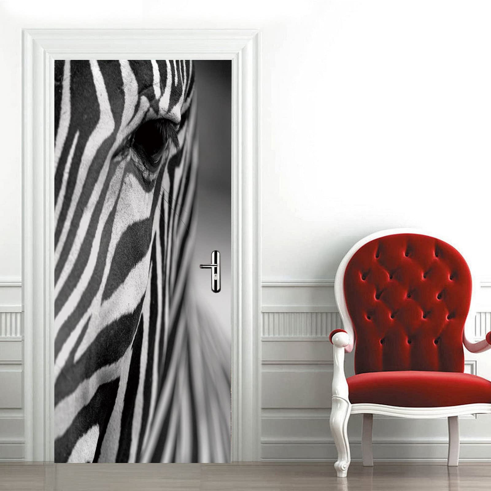 A.Monamour 3D Door Stickers for Interior Doors The Face of A Grevy'S Zebra Monochrome Vinyl Waterproof Self Adhesive Door Mural Decals for Bedroom Office Bathroom 95 x 215 cm