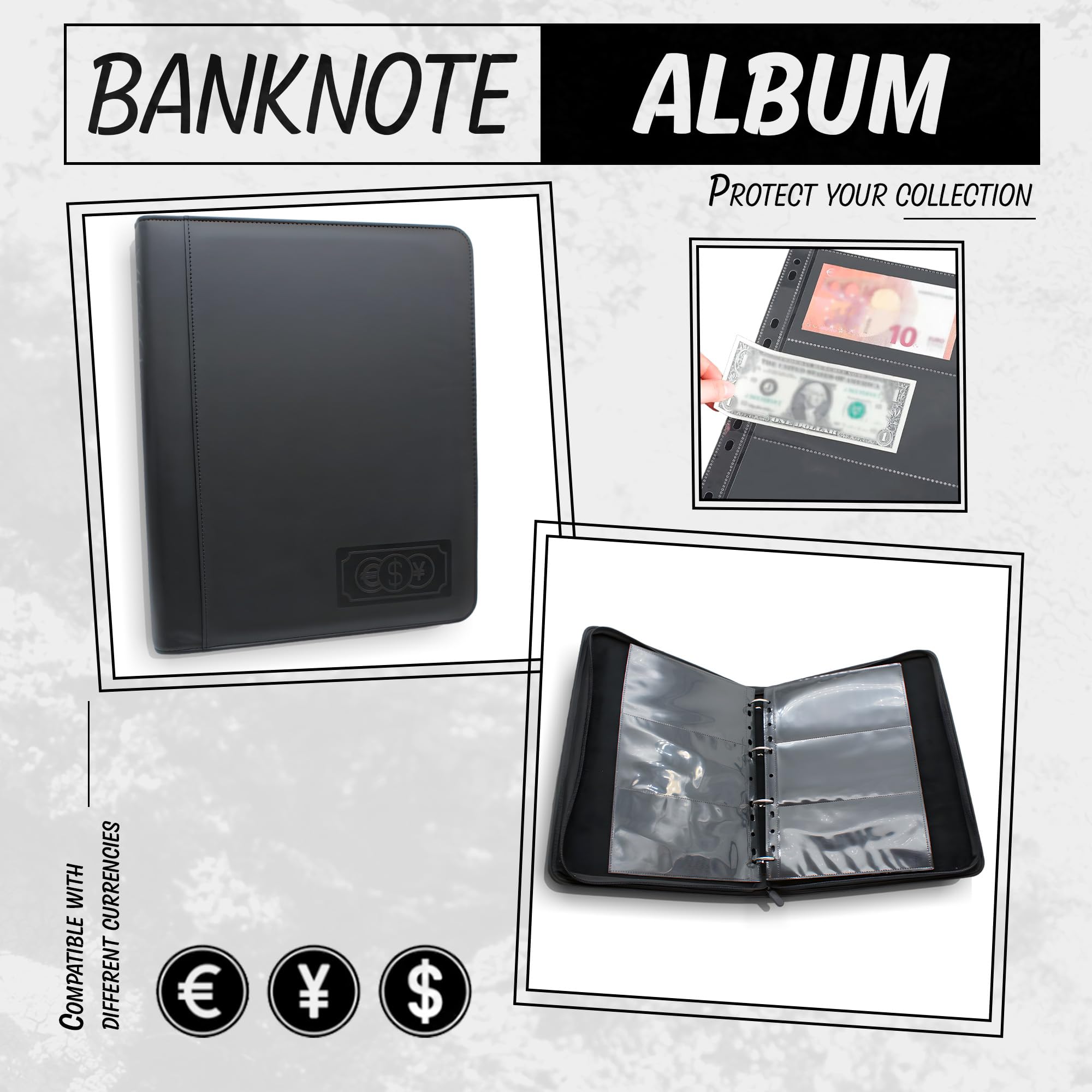 DOJA Barcelona | Album de Billetes con 120 Bolsillos | Libro de Cuero PU Organizador Numismatica Funda Billetes con Cremallera | 33x27 | Álbum Billetes para Coleccion de Euros, Dinero, Dolares…