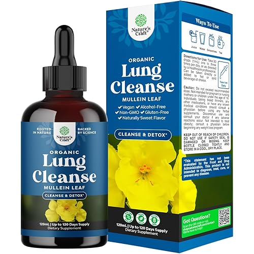 USDA Organic Mullein Drops for Lungs - Herbal Lung Detox & Cleanse with Marshmallow Root Extract & Plantain Leaf for Respiratory Lung Health - Mullein Leaf Tincture Drops for Breathing Support - 120ml