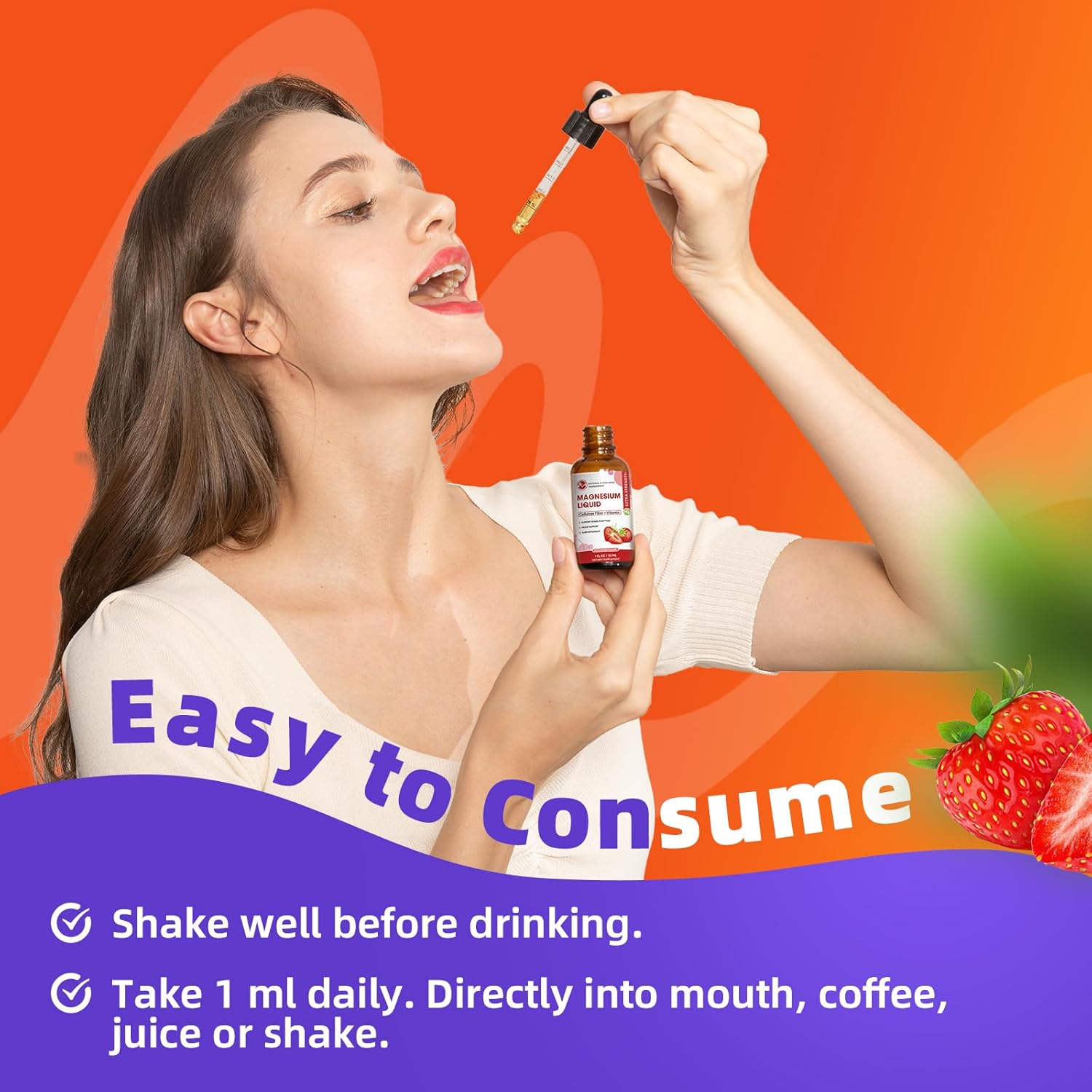 M inch Magnesium Glycinate Liquid, High Absorption Magnesium Liquid Drops with Cellulose Fiber, Bromelain, Vitamin B6, C, D, Zinc, Magnesium Supplement for Kids and Adults, Strawberry Flavor, 2 Pack - Image 7