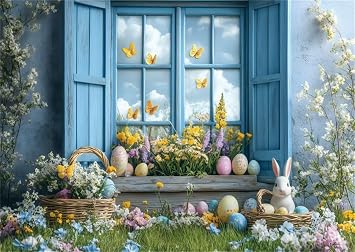 10x7ft Spring Easter Blue Window Backdrop Blue Flower Window Wall Bunny Rabbits Eggs Spring Floral Garden Backdrops for Photography Background Birthday Easter Party Decor Banner Props