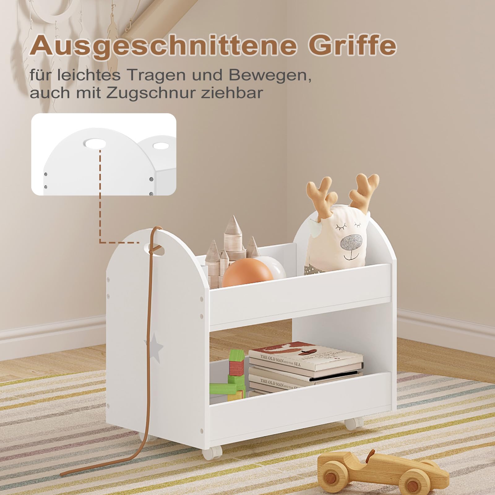 Lestarain Spielzeugkiste mit Rollen, Kinderzimmer Regal, Spielzeugregal mit 2 Ebenen, bewegliches Aufbewahrungsregal, Kinderregal für Bücher Spielzeug