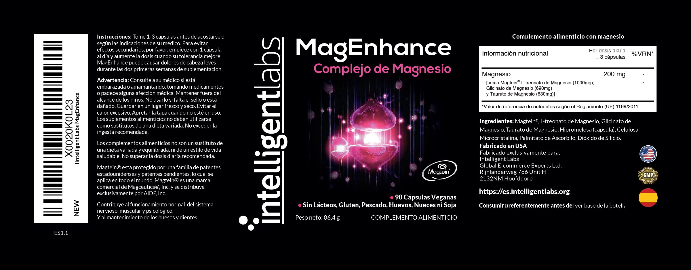 Suplemento de Magnesio MagEnhance Magtein® de Intelligent Labs, Complejo de L-Treonato de Magnesio con Glicinato y Taurato de Magnesio, 90 Cápsulas (Paquete de 2)