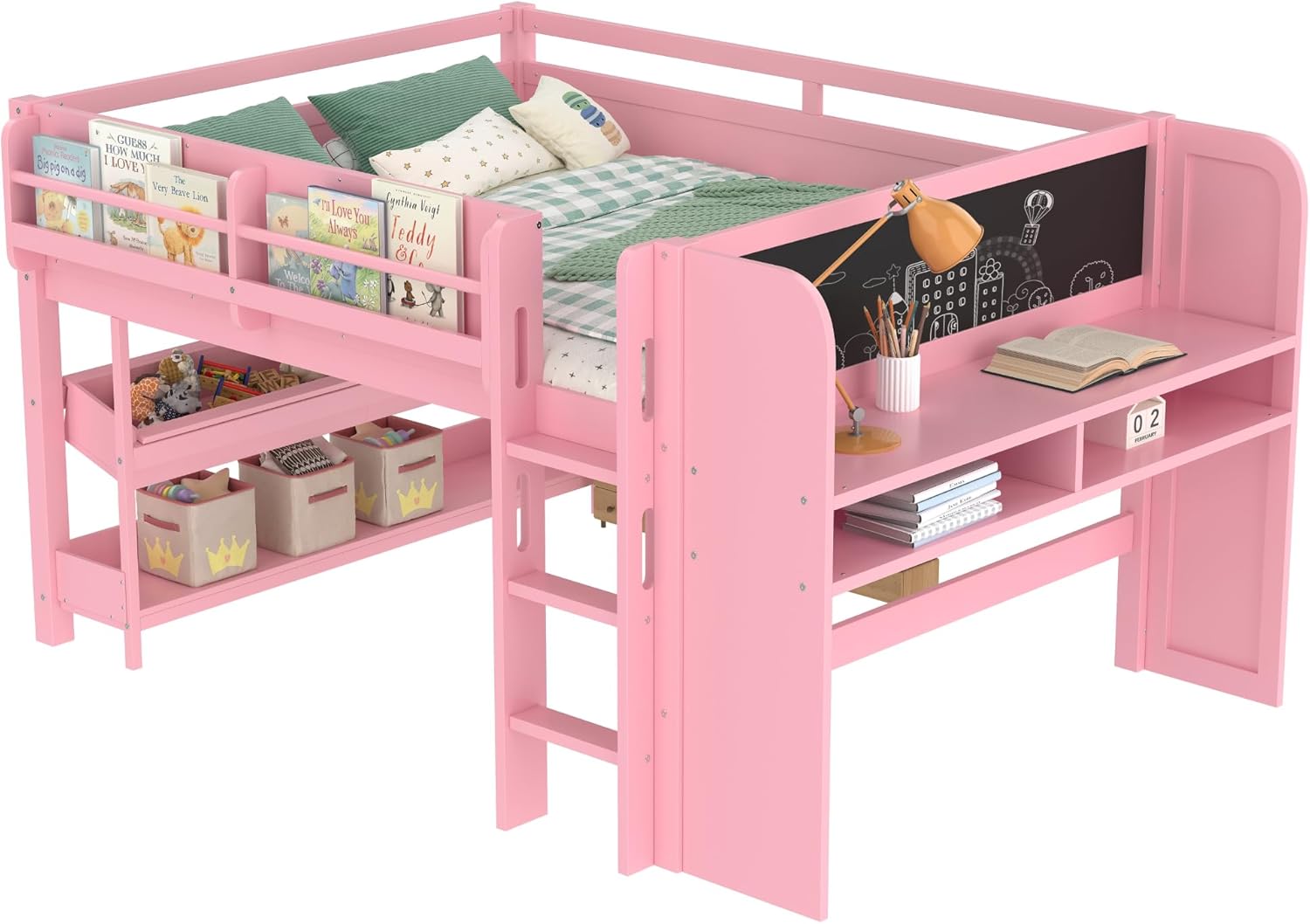 Bellemave Full Loft Bed with Storage Boxes and Bookshelves, Solid Wood Kids Loft Bed with Desk and Blackboard, Low Loft Beds Frame for Kids, Girls, Boys, Childlike Design, Pink