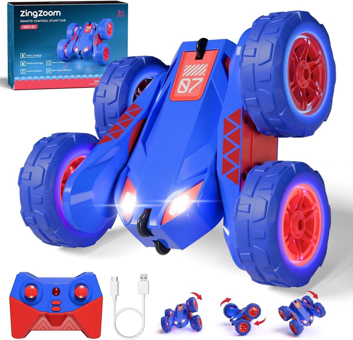 zingzoom Remote Control Car, Rechargeable RC Cars & Remote Double-Sided Driving 360° Flips Rotating 2.4Ghz 4WD All Terrain Stunt Race Car Toy