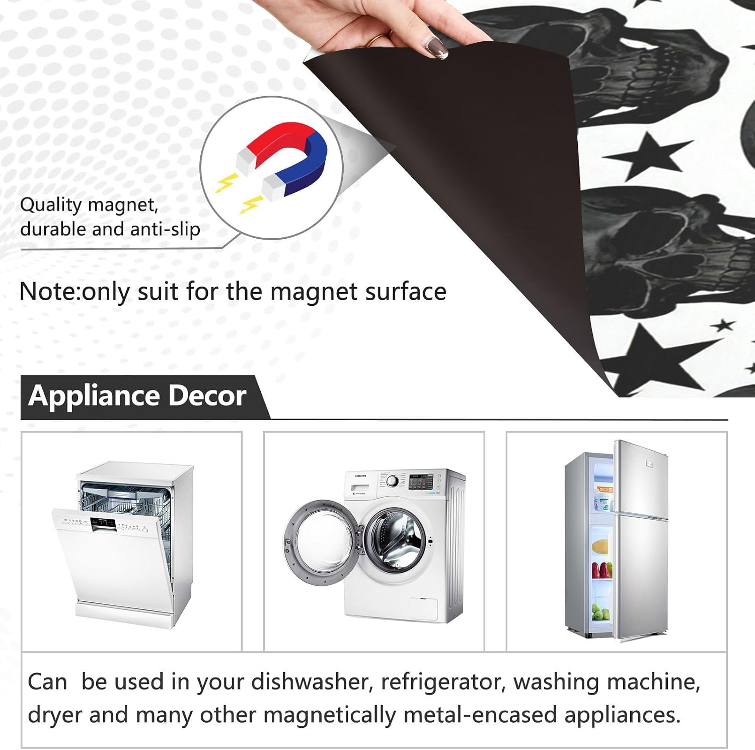QUGRL Skull and Star Black Dishwasher Magnet Cover Front Door Decorative Refrigerator Covers Magnetic Sheet Sticker Wash Machine Fridge Panel Decal for Kitchen Appliance 23x26 in
