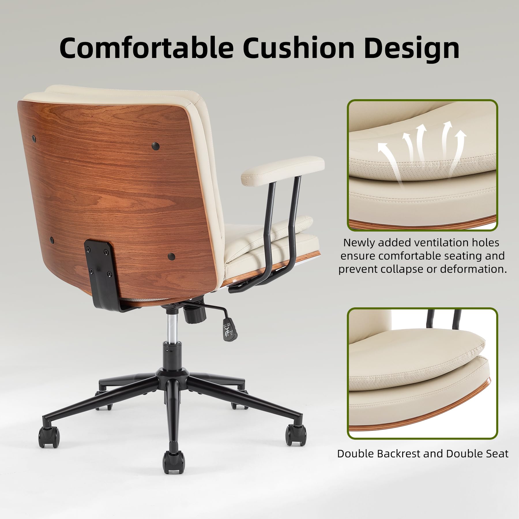 Criss Cross Chair with Armrests & Wheels, PU Leather Adjustable Swivel Walnut Task Chair with Wide Seat, Ergonomic Mid Back Computer Office Desk Chairs for Meeting Room, Home