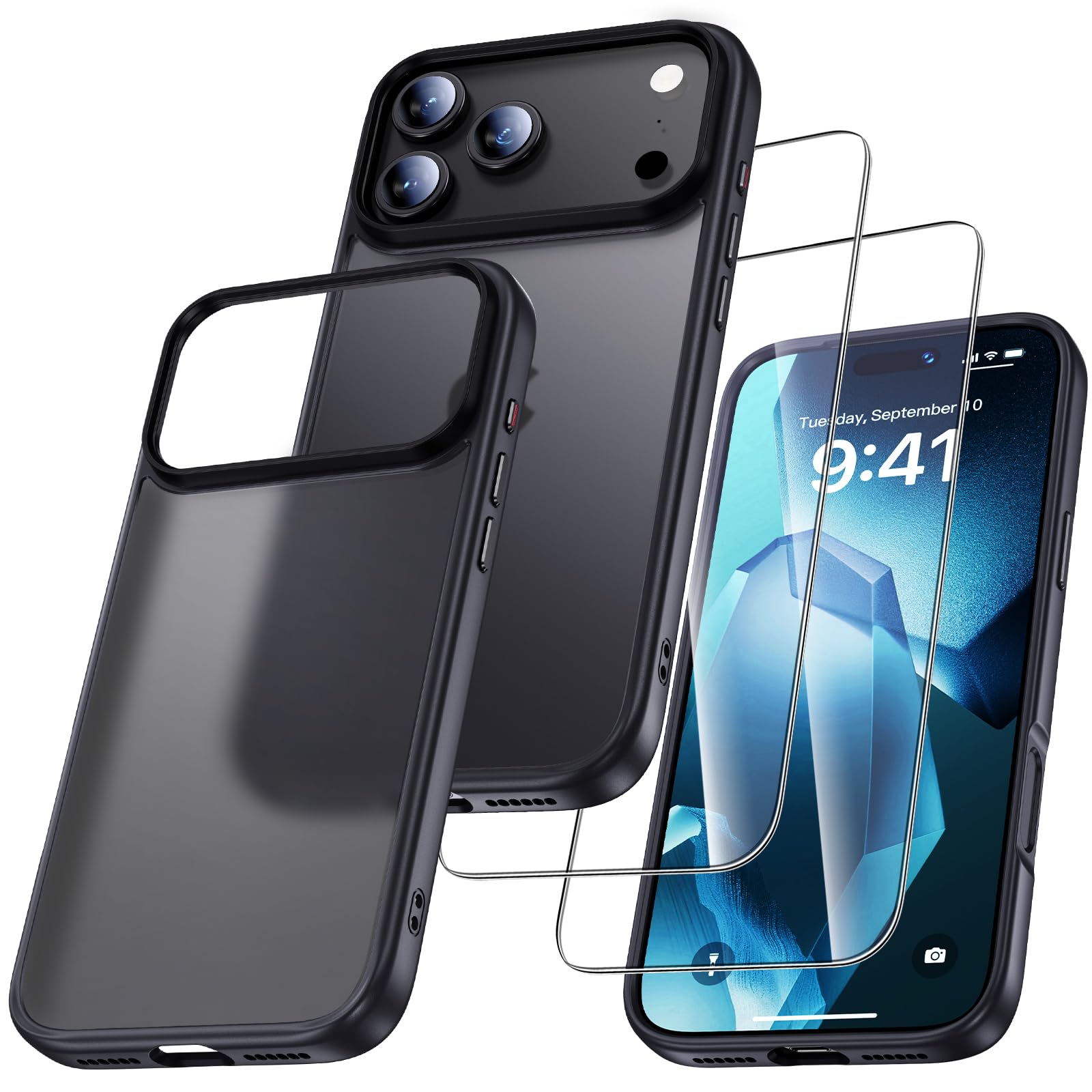 UniqueMe für iPhone 17 Pro Hülle - Handyhülle für iPhone 17 Pro Case, Rundumschutz Hülle Set Schutzhülle Cover, 1 Handyhülle & 2 Schutzfolie - Matt Schwarz