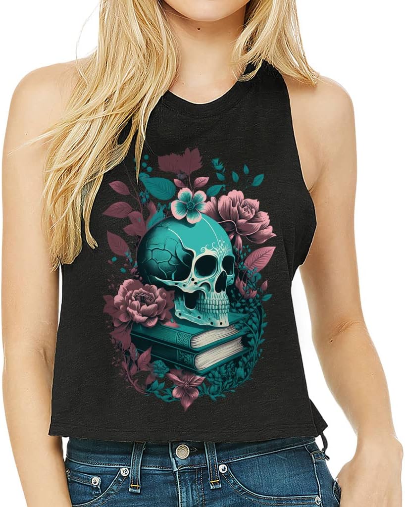 Skull Illustration Racerback Cropped Tank - Gothic Print Women's Tank - Book Themed Tank Top - Black, M