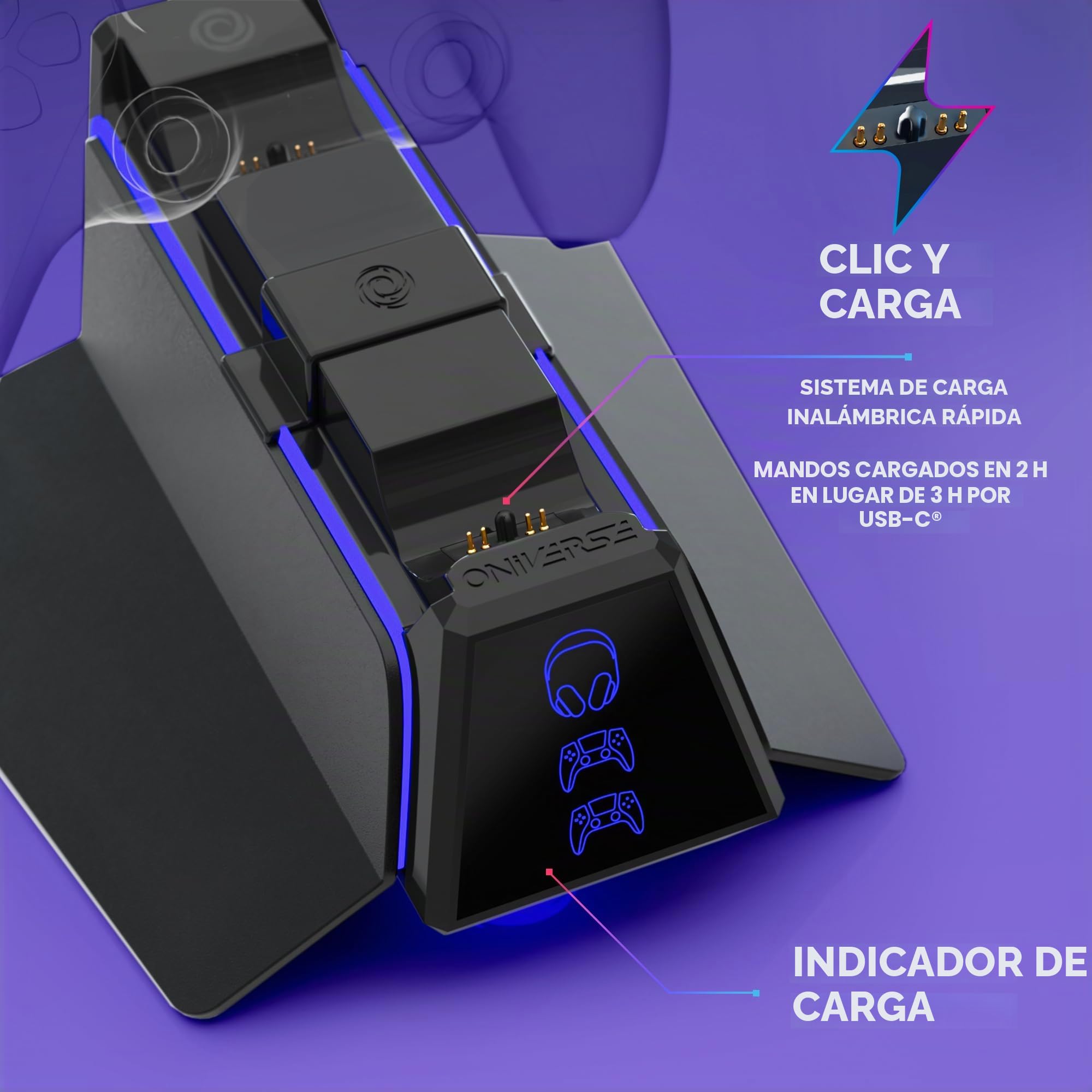 Cargador de Mando PS5 (estación de Carga rápida 2H, Soporte para Mando y Accesorio PS5, Doble Cargador Compatible con DualSense, Soporte extraíble de Carga para Auriculares Incluido