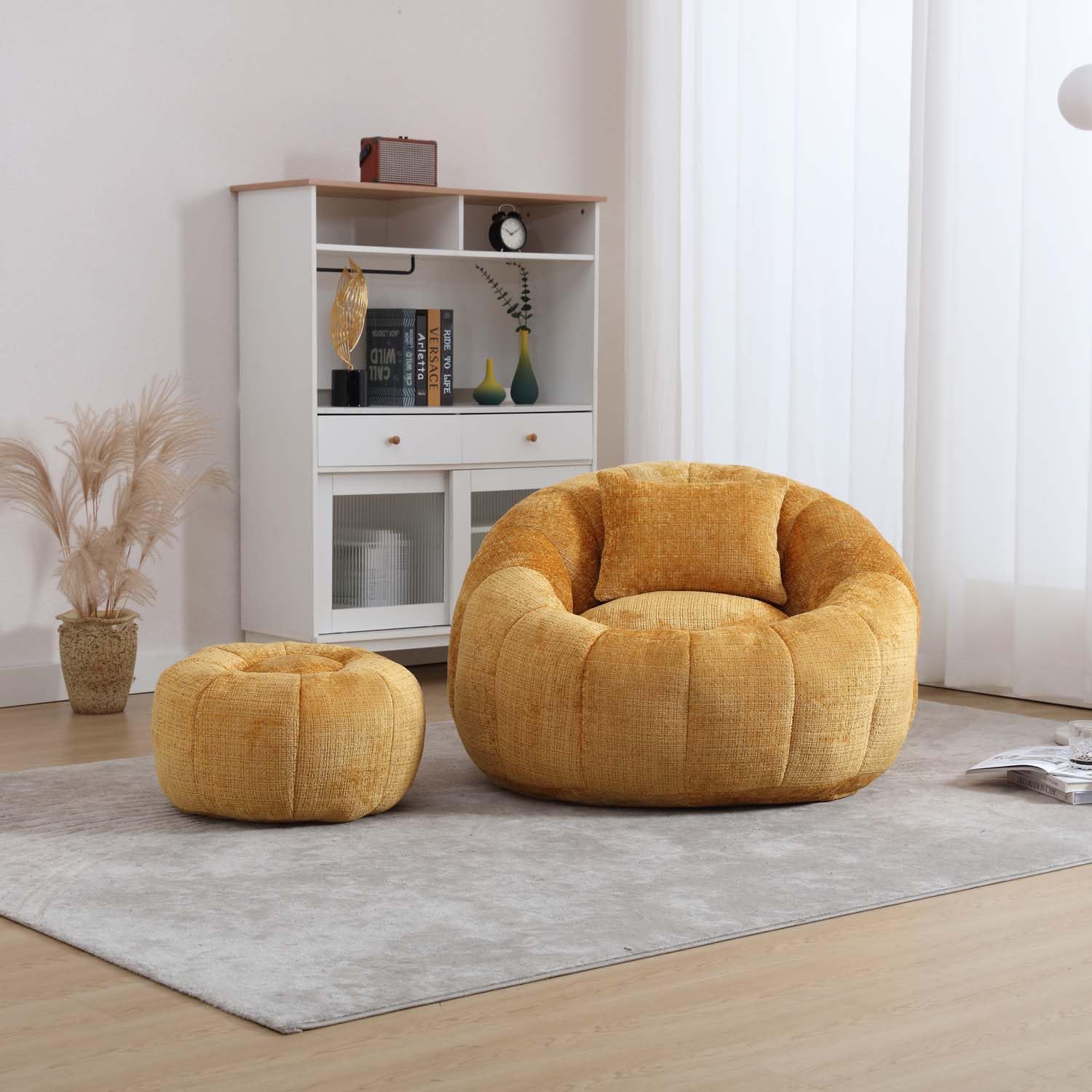 Bean Bag Chairs, Leisure Floor Single Sofas with Ottoman, Comfy Round Lazy Cloud Bean Bag Chair, Chenille for Living Room, Bedroom, Apartment (Yellow)