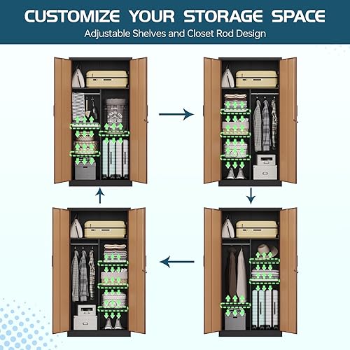Miniatura 6 de MIIIKO Armario de guardarropa metálico con puertas con cerradura, armario de almacenamiento de metal para ropa, armario de casillero de 2 puertas
