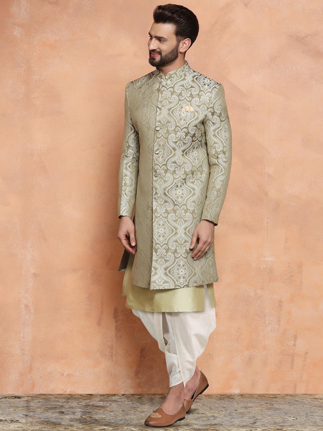 Kisah Mens Kurta Sherwani Dhoti Set Silk Blend Jacquard, Indo-Western, Green, 38