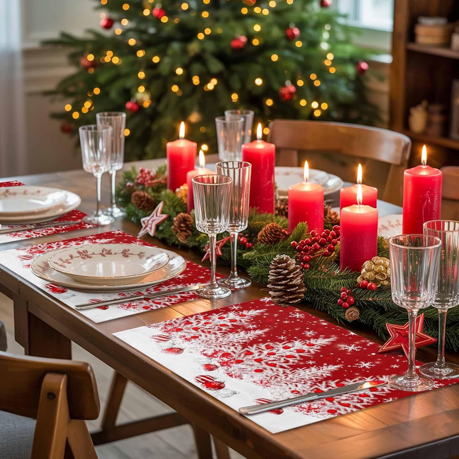 Christmas Placemats White Snowflakes Pine Tree Place Mats for Dining Room Dinner Table Xmas Balls Red Washable Table Mats Kitchen Dining Decorations Anniversary Set of 8