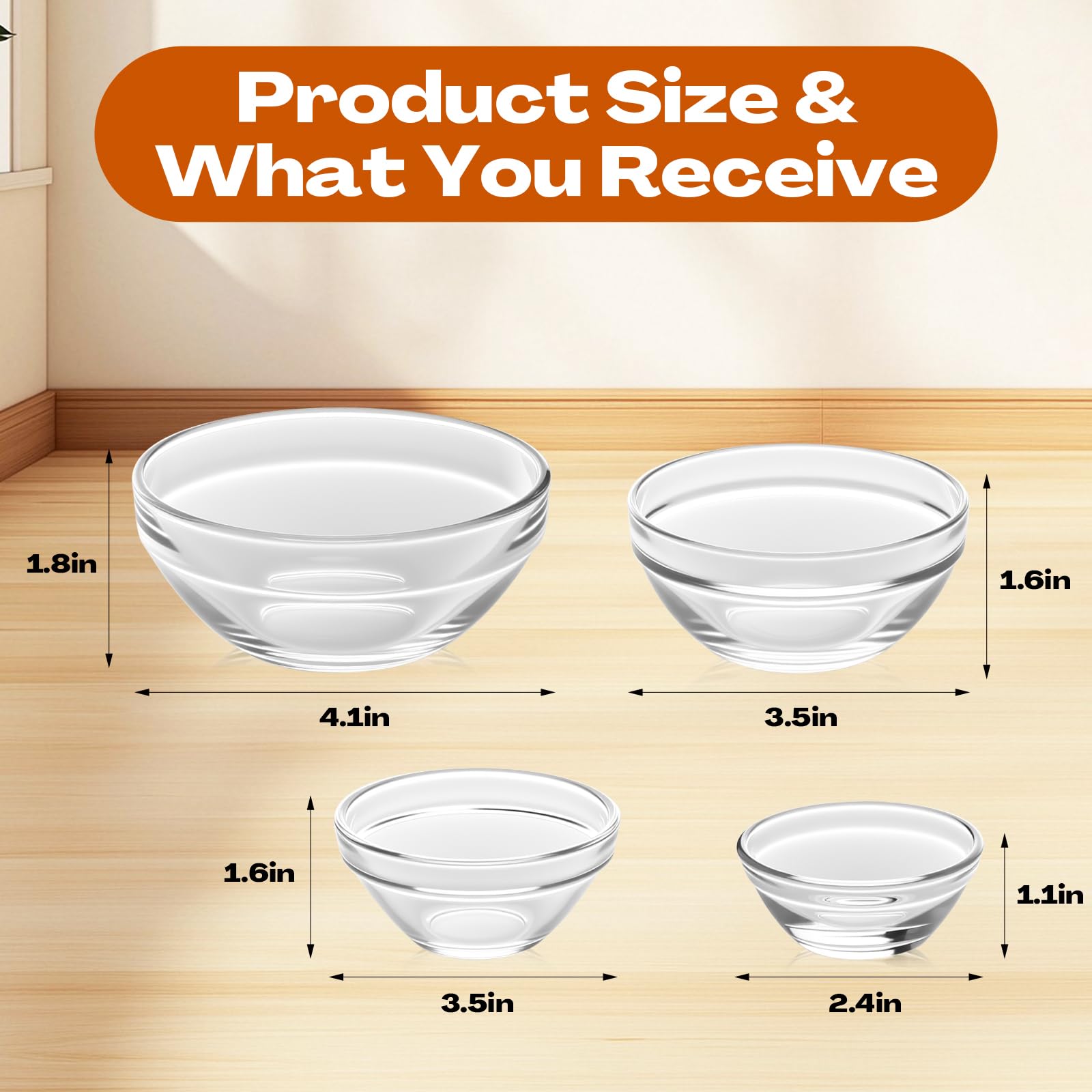 LemonRoad 20-teiliges Glas-Schüssel-Set, 4 Größen, 3,8 cm, 6,3 cm, 11,4 cm, 240 ml, transparent, klein, stapelbar, für Belag, Küche, Salz, Gewürze, Dipping, Backen und Mahlzeiten