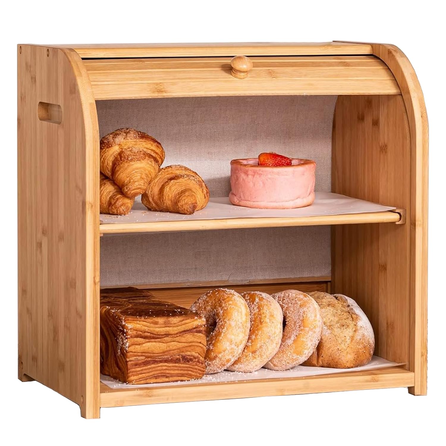 Brotkasten Bambus Brotbehälter Doppellagige große Brotbox für Küchentheke, Brotaufbewahrungsbehälter, Brotaufbewahrungsbehälter, Bauernhaus-Brotbox mit flexibler Schiebetü