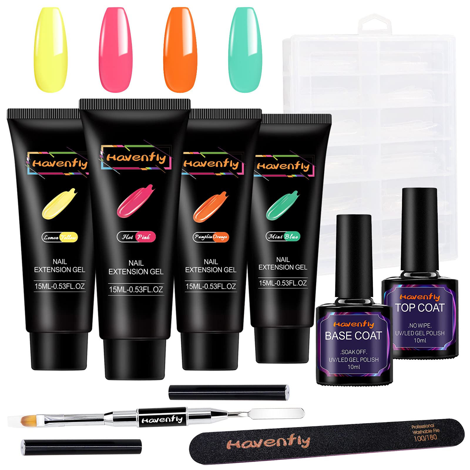 HavenflyPoly Gel Extension Gel Kit, 4 Colors Glitter Extension, Base Gel Top Coat Enhancement Gel Set, All-in-One Nail Kit for Beginner or Nail Technician