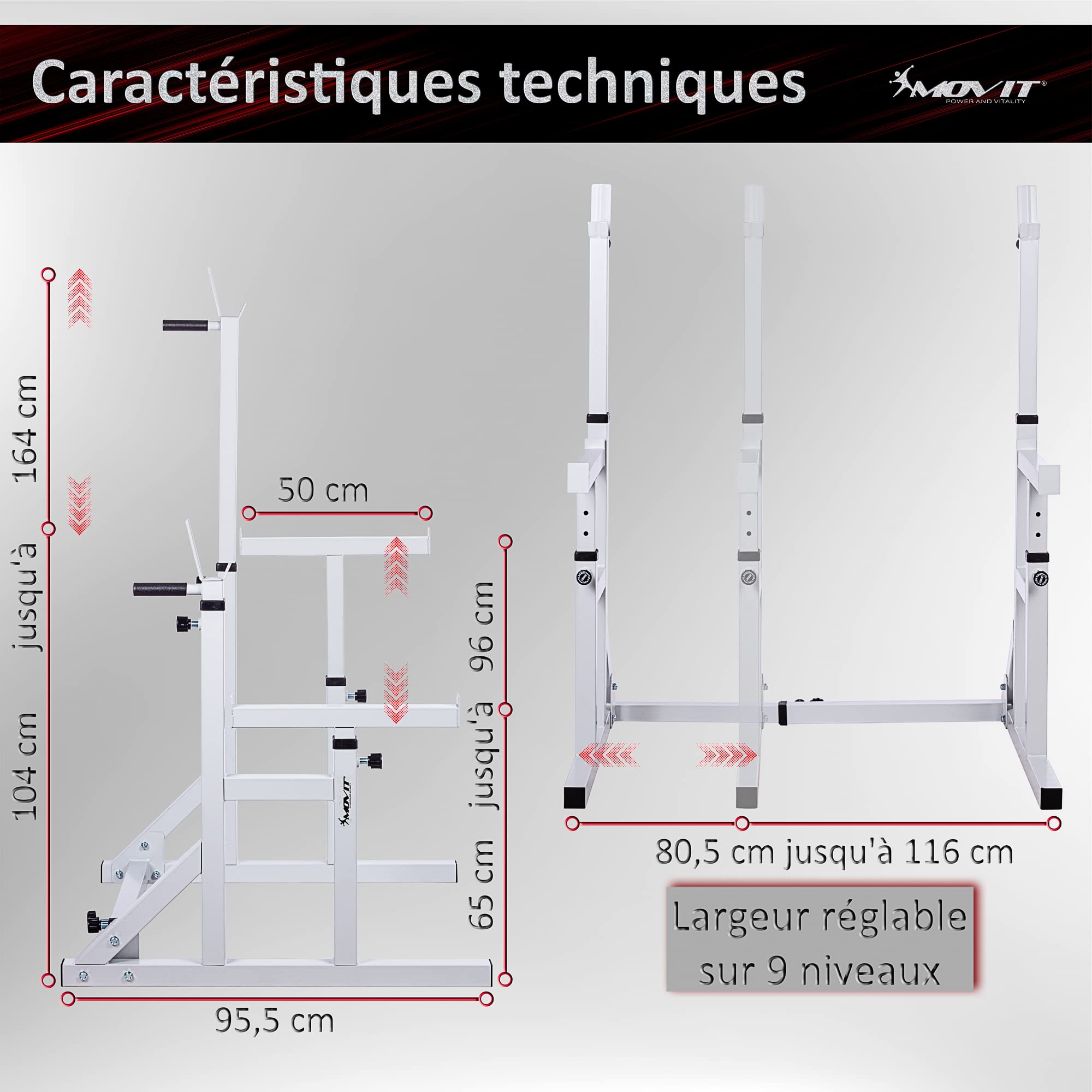 MOVIT Squat Rack Pro avec Station Dip, Hauteur et Largeur réglables, Support pour haltères Support pour haltères Appareil d'entraînement à Domicile Home-Gym, Blanc ou Noir
