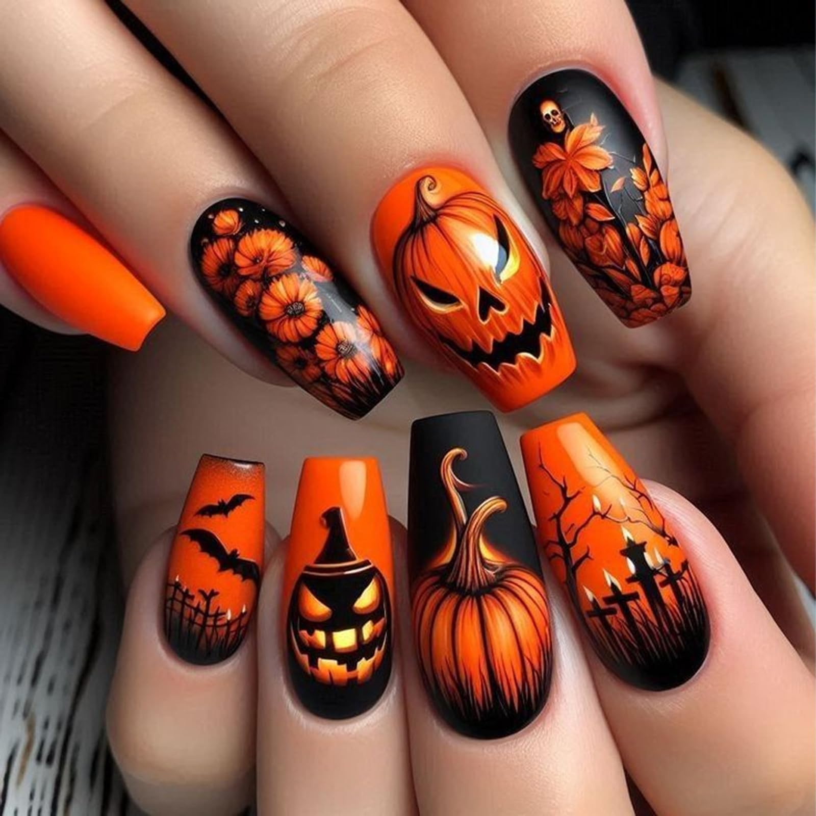 24pcs Halloween Press on Nails Medium Coffin Fake Nails with Pumpkin Skull Flower Bat Designs Halloween Pumpkin False Nail Floral Glue on Nail Full