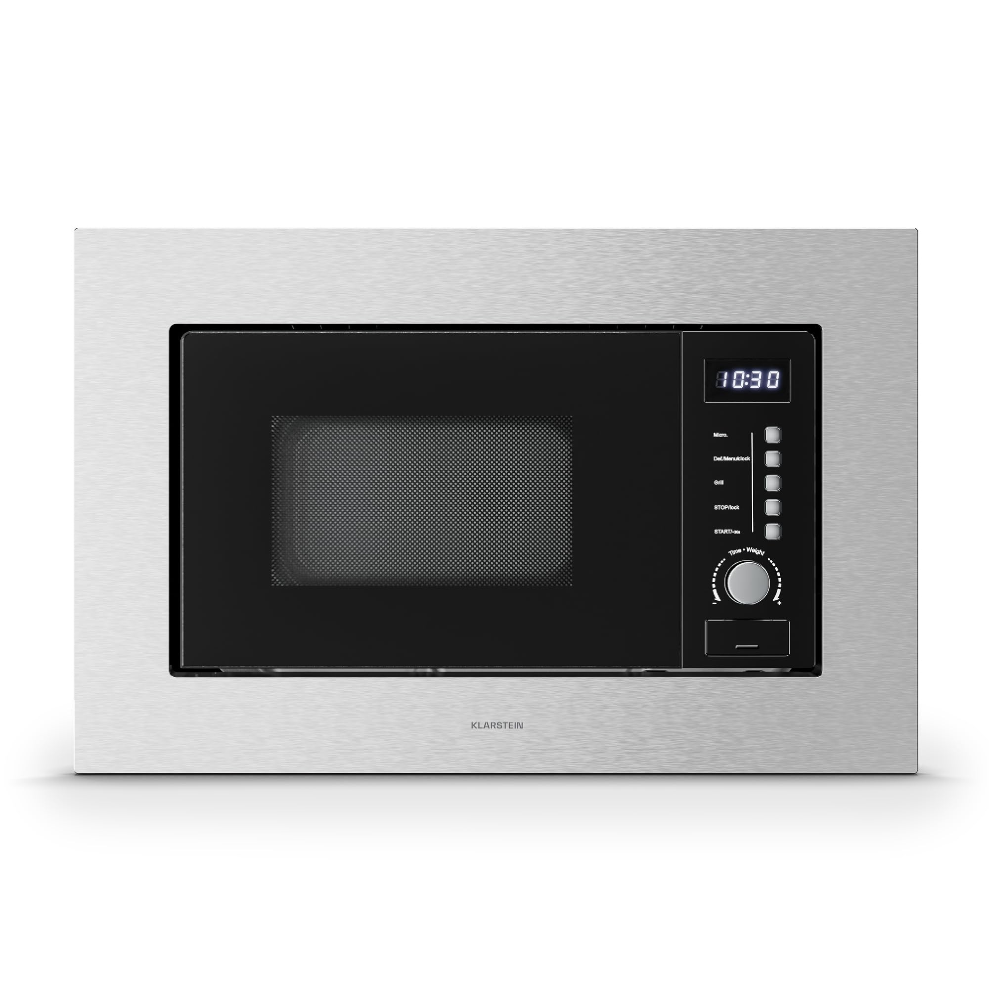 Klarstein Verosteel Einbaumikrowelle 60 cm mit Grill – 20L, 700W Mikrowelle & 800W Grill, 8 Programme, Touch-Bedienung, Edelstahl, Auftaufunktion, LED-Innenbeleuchtung, Edelstahl