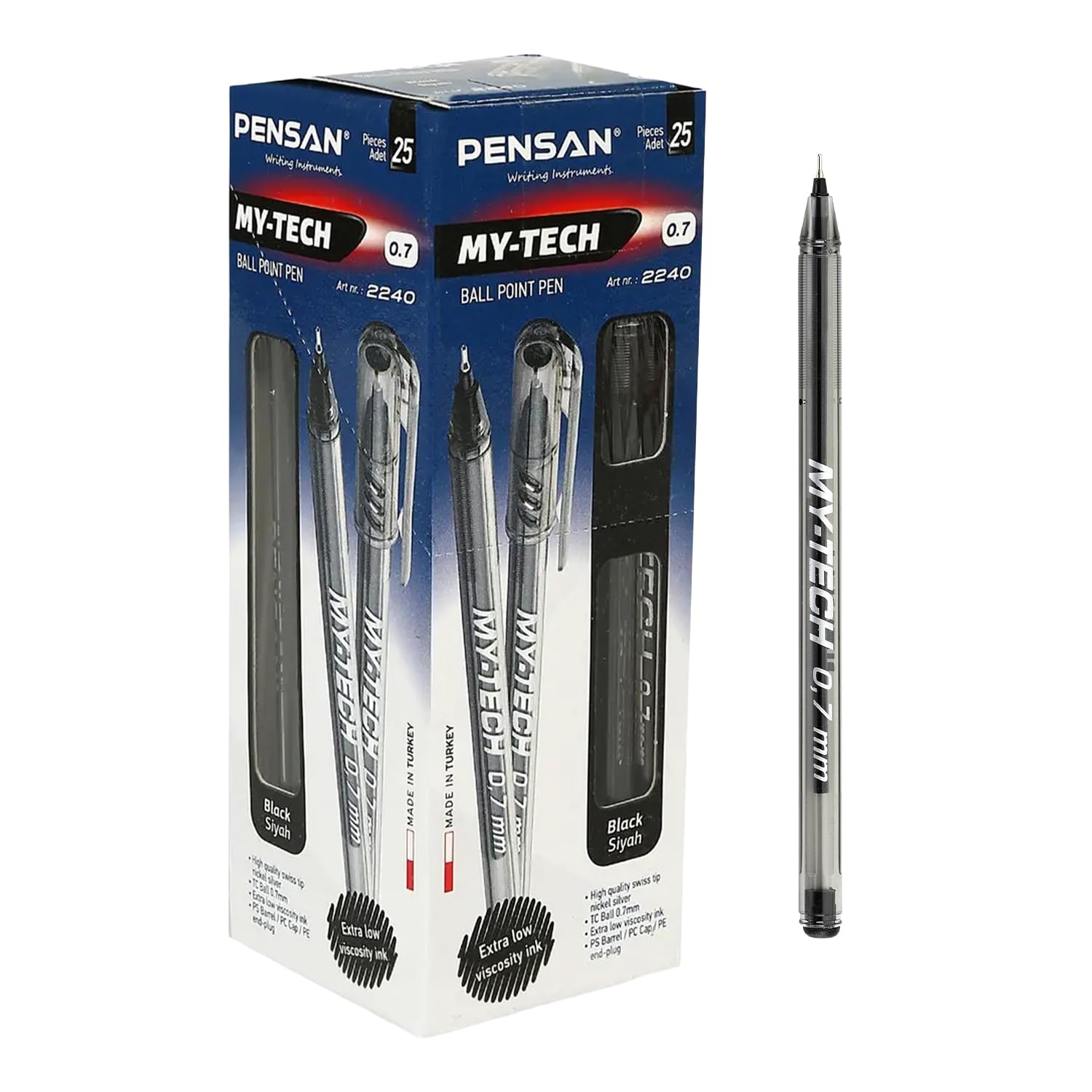 Pensan My Tech 2240 Ballpoint Pens Pack of 25, 0.7 mm Swiss Tip, Smooth Low-Viscosity Ink Ideal for Office & School Use (Black)