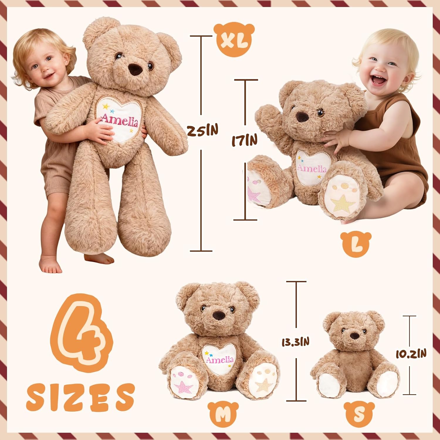 Personalized Teddy Bear Stuffed Animal, Custom Teddy Bear with Embroidered Name, Toys for 1-14 Year Old Baby Girls Boys, Customized Infant Toys Easter Birthday Gifts(Brown-Curly)