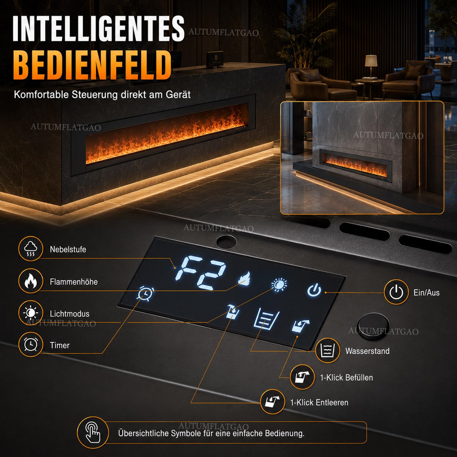 3D Wasserdampf Kamin Mit Luftbefeuchter, 9 Farben & App-Steuerung 100cm