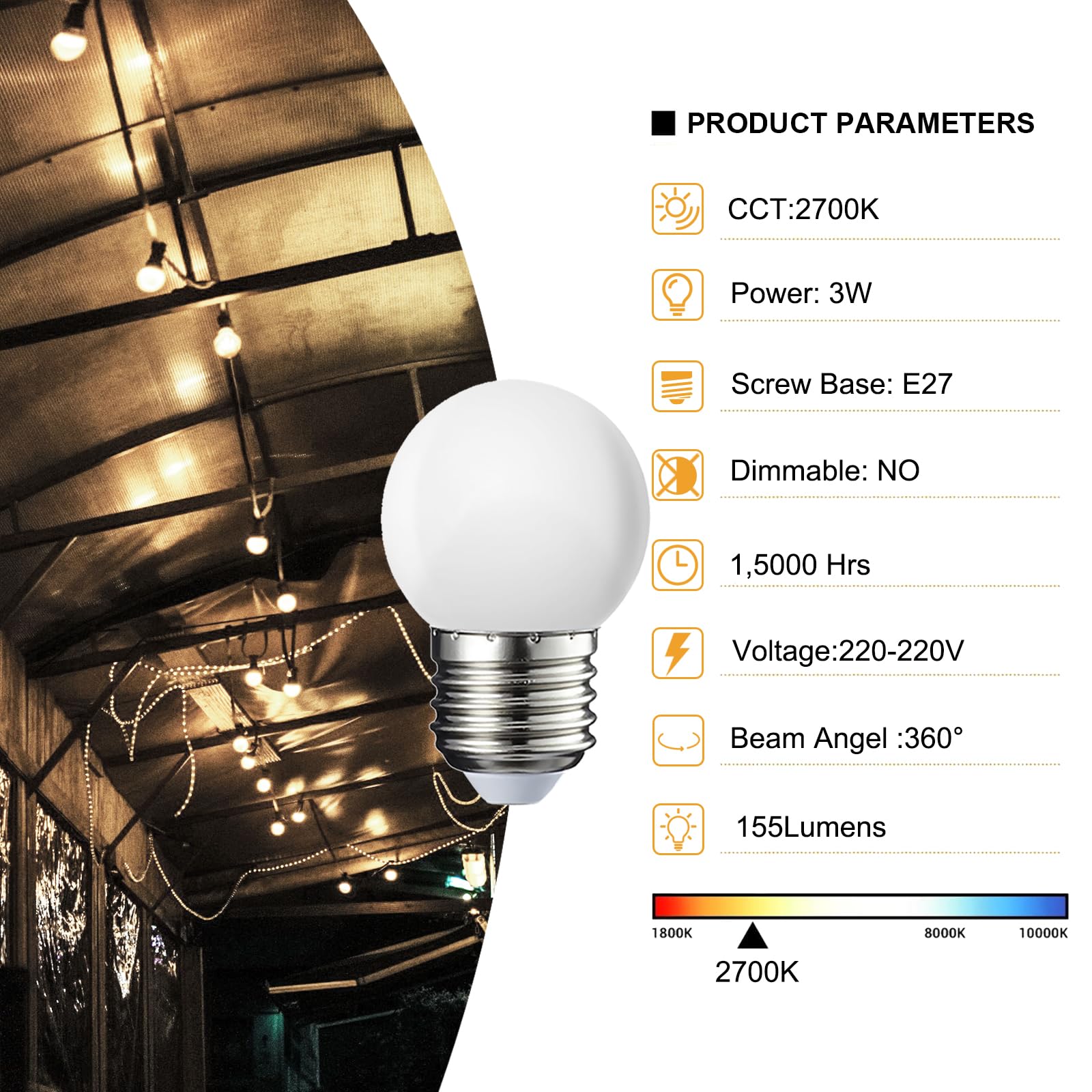Confezione da 40 lampadine a LED E27 G45 sostituisce lampadine a incandescenza da 15 W, luce bianca calda 2700 K, 3W, G45, 155 lm, copertura in PC opaco, non dimmerabile