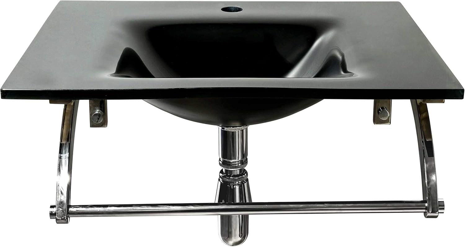 AUKERA HOUSE Lavabo en cristal templado. Conj. RAINBOW CRISTALPACK en 91 x 46 Rectangular. Válvula, Sifón, Toallero y Soporte. Negro
