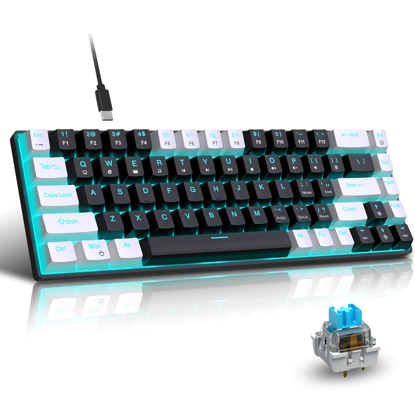 Goshyda Tastiera da Gioco Meccanica al 65%, Tastiera Meccanica Cablata a 68 Tasti, Retroilluminazione Blu Ghiaccio, Tastiera da Gioco a Doppio Colore, Cavo USB Rimovibile, Asta Blu