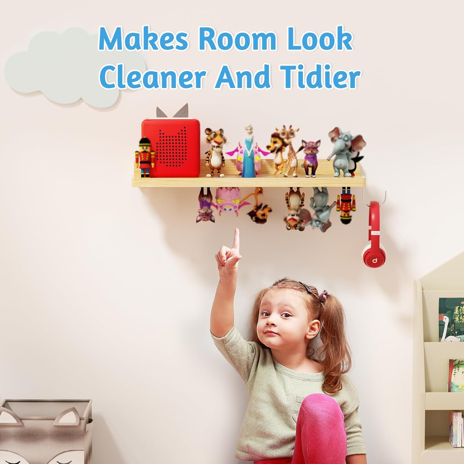 for Tonies Shelf Magnetic - Tonies Figure Organizer for Kids Room, Wooden Magnetic Display Shelf for Tonies Box Holder, Wall Floating Shelves Toy Storage Compatible Charging Station (1 Tier, Wood)
