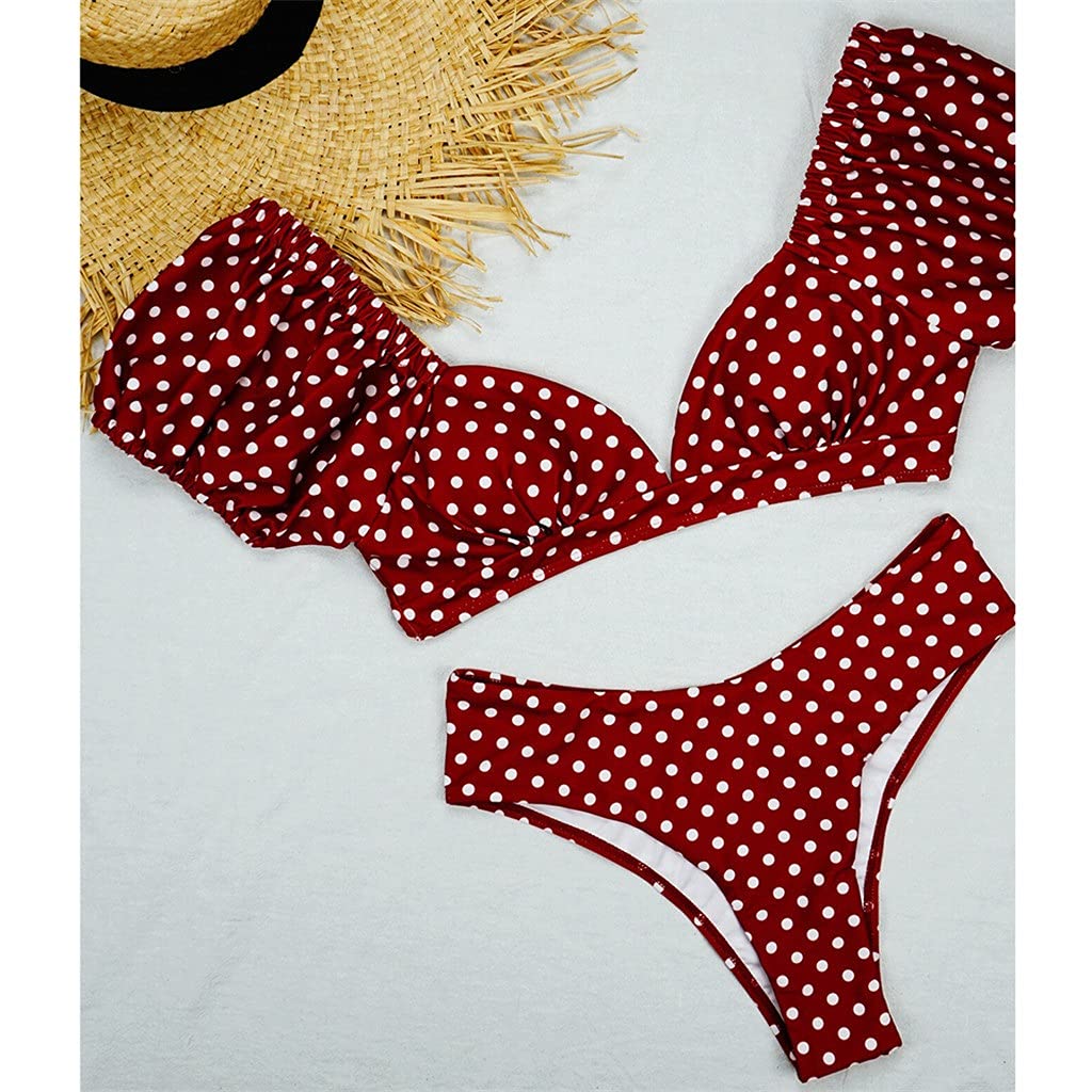 Kropkowane bikini damskie plażowe stroje kąpielowe Stroje kąpielowe Stringi Biquinis Strój kąpielowy Niski stan Dwuczęściowy czerwony dziewczęcy zestaw bikini (kolor: czerwony, rozmiar: duży kod) (czerwony mały kod)