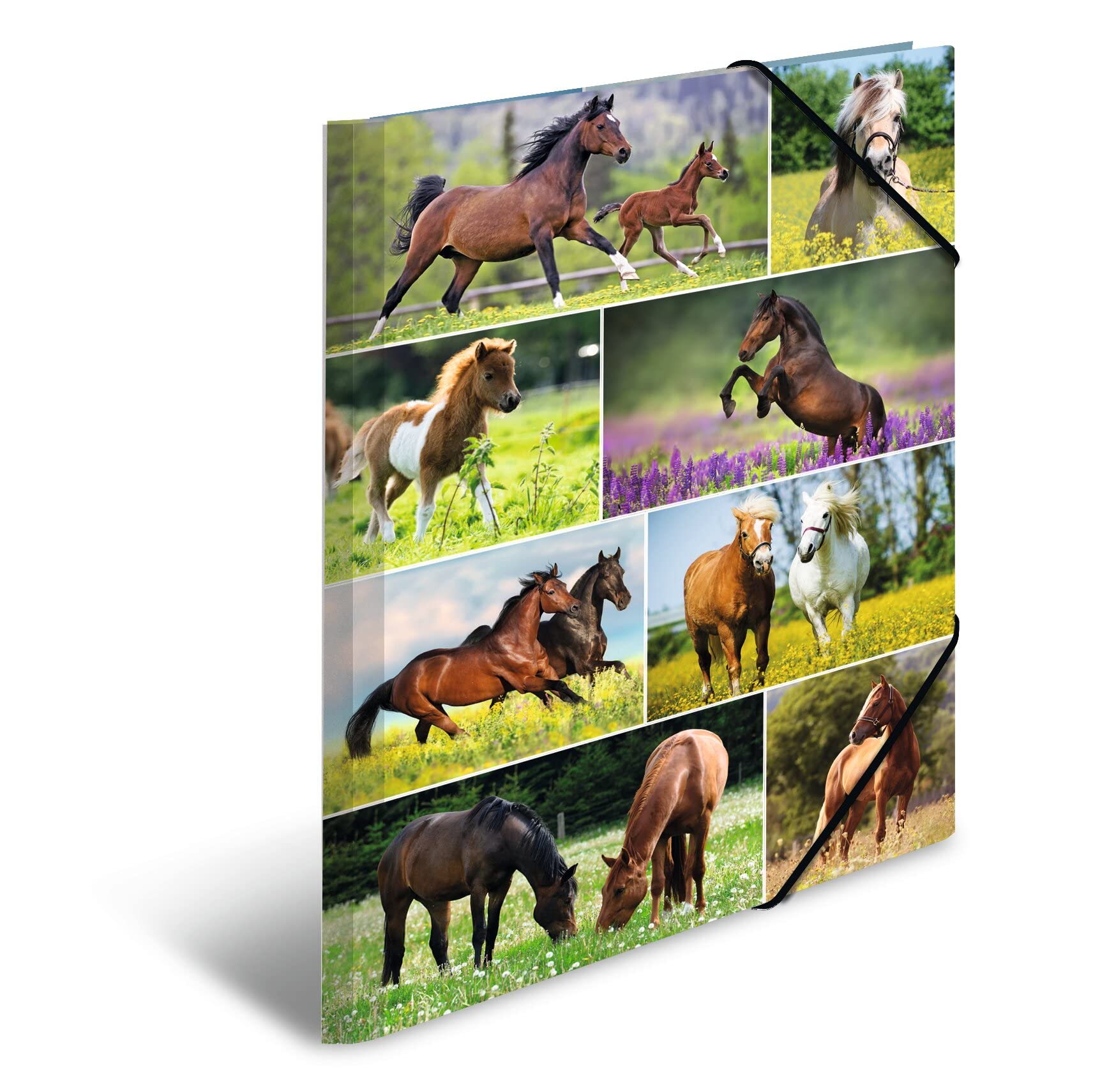HERMA Portfolio Folders A3 Horse Set, 3 Pieces, Children's Cardboard Corner Folder with Animal Motif, Elastic Band, Inner Flaps and Inner Print for Boys and Girls