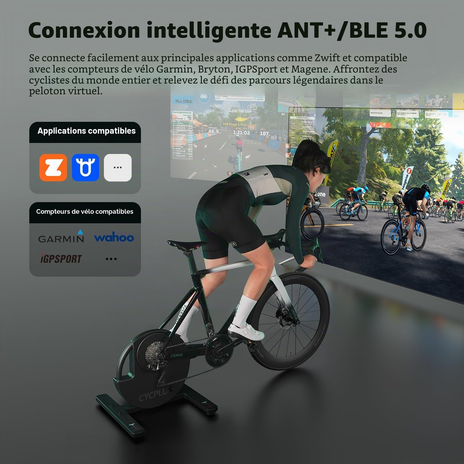 CYCPLUS R200 Entraîneur de vélo d'intérieur intelligent, moteur sans balais de 2200 W, simulateur de pente à 19 %, double mode BLE & ANT+, changement de vitesse virtuel, simulation montée/descente