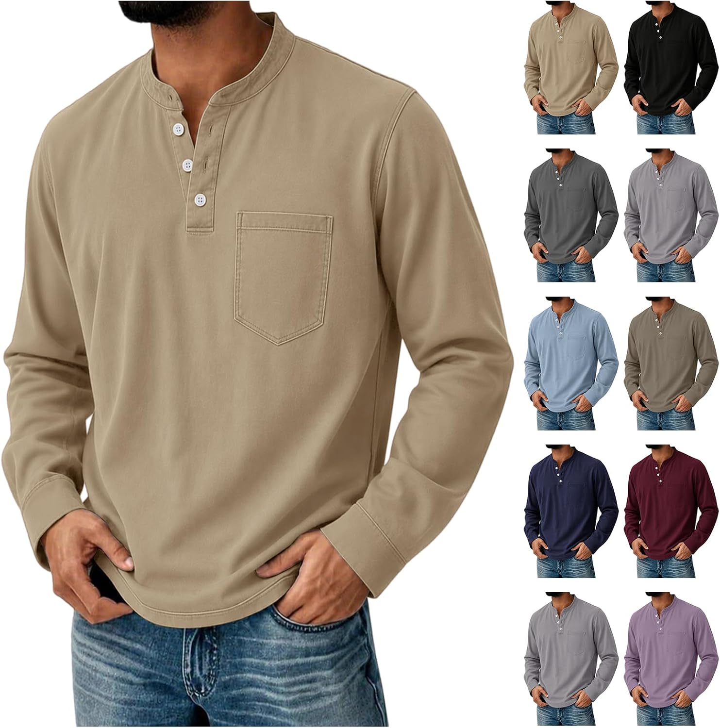 Men's Henley Neck Shirt Classic Distressed Long Sleeve Button Stand Collar Shirts Casual Washed Tops with Pocket