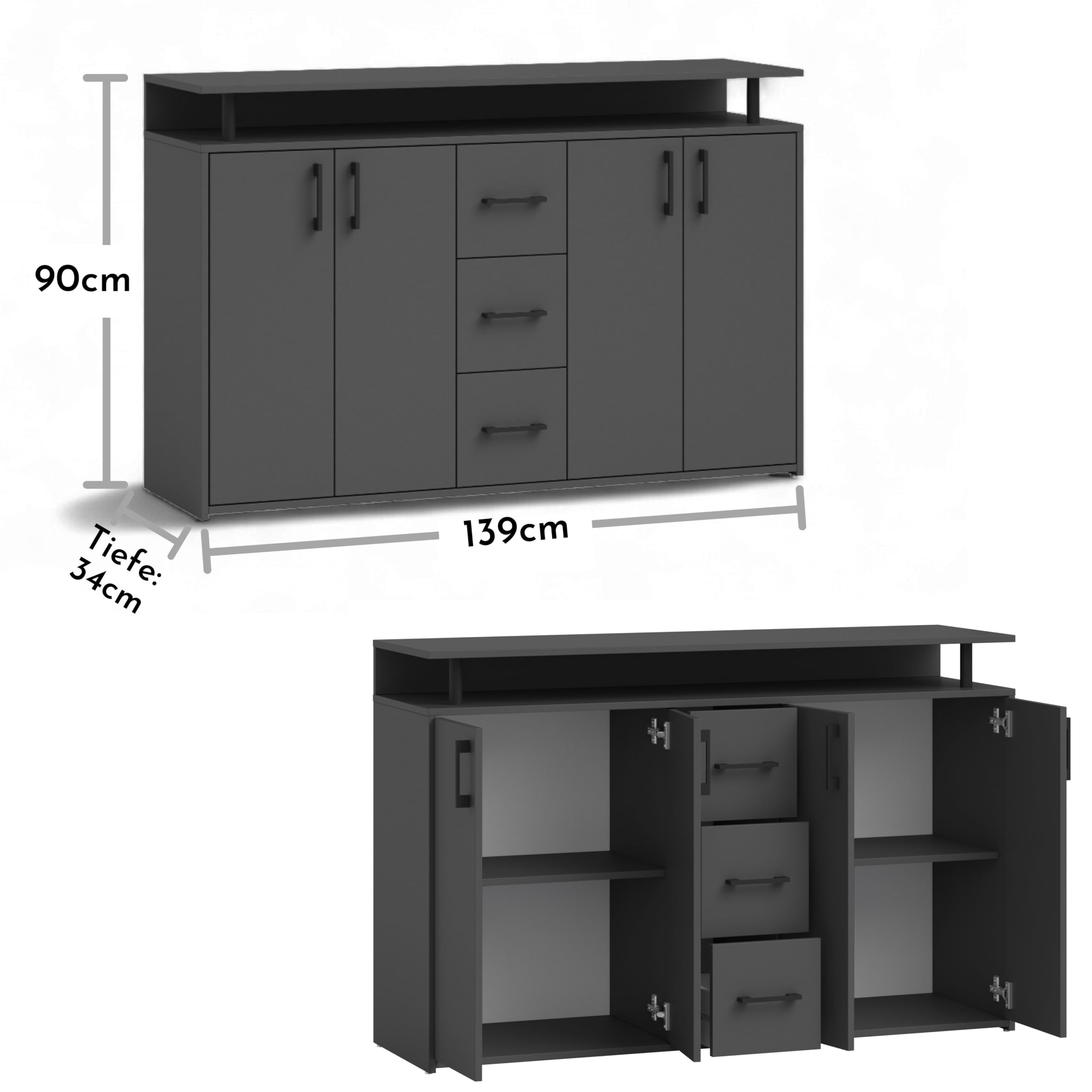 Drift Highboard mit Ablage in Anthrazit - Moderner Wohnzimmerschrank mit Schubladen und viel Stauraum für Ihren Wohnbereich - 139 x 90 x 34 cm (B/H/T) | Wohnzimmerschrank mit 4 Türen, 3 Schubladen, offenem Fach, melaminbeschichtete Oberfläche und viel Sta