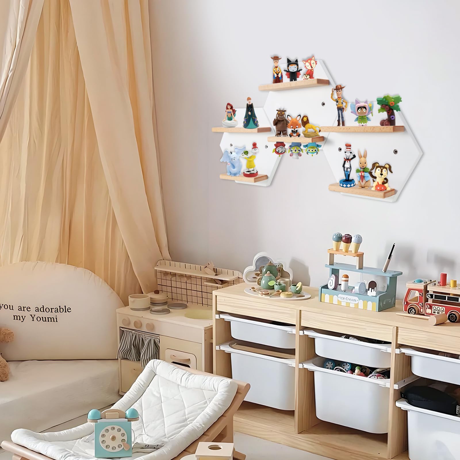 Tonie Shelf Magnetic,Hexagon Shape for Toniebox Figures Storage Display Shelf,Wall Floating Shelves Wooden,Compatible Charging Station, 3 PCS