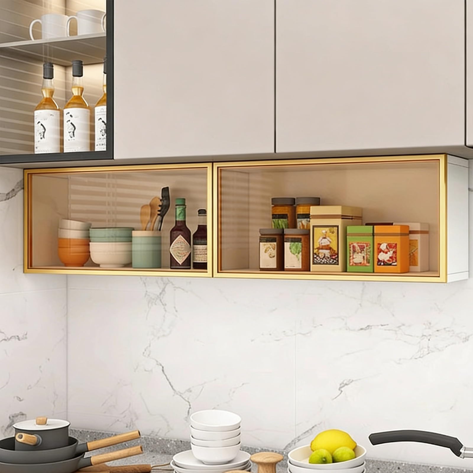 MESCXTY Wall Mounted Glass Cabinet, 3C Tempered Door Floating Sideboard with Gas Struts, Storage Organizer for Kitchen Spices & Bathroom, Solid Eco-Board(White,120 * 25 * 30cm/47.2 * 9.8 * 11.8in)