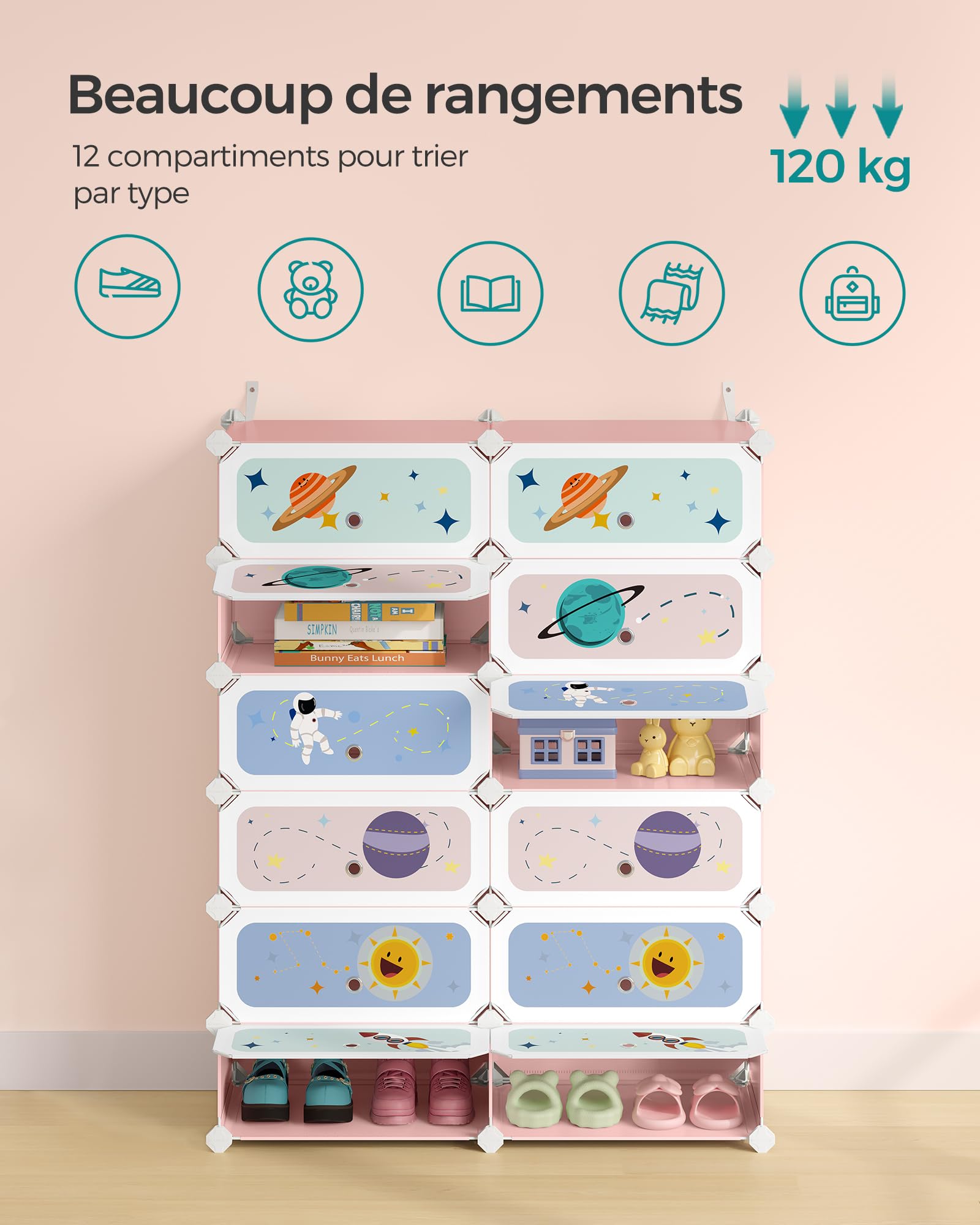 SONGMICS LPC907R01 Étagère modulaire à 12 Cubes en Plastique avec Portes pour vêtements, Chaussures, Jouets 31 x 81 x 106 cm Rose