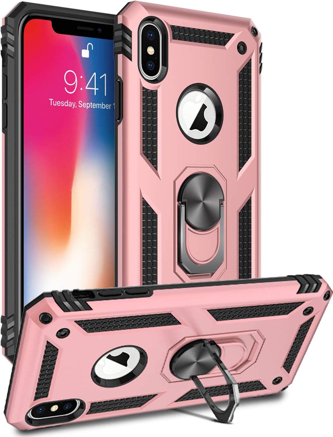 LUMARKE iPhone X Case,iPhone Xs Case,15ft Drop Tested, Military Grade Shockproof Dual Layer Plastic TPU Cover with Metal Kickstand Protective Phone Case for iPhone X/iPhone Xs Brass
