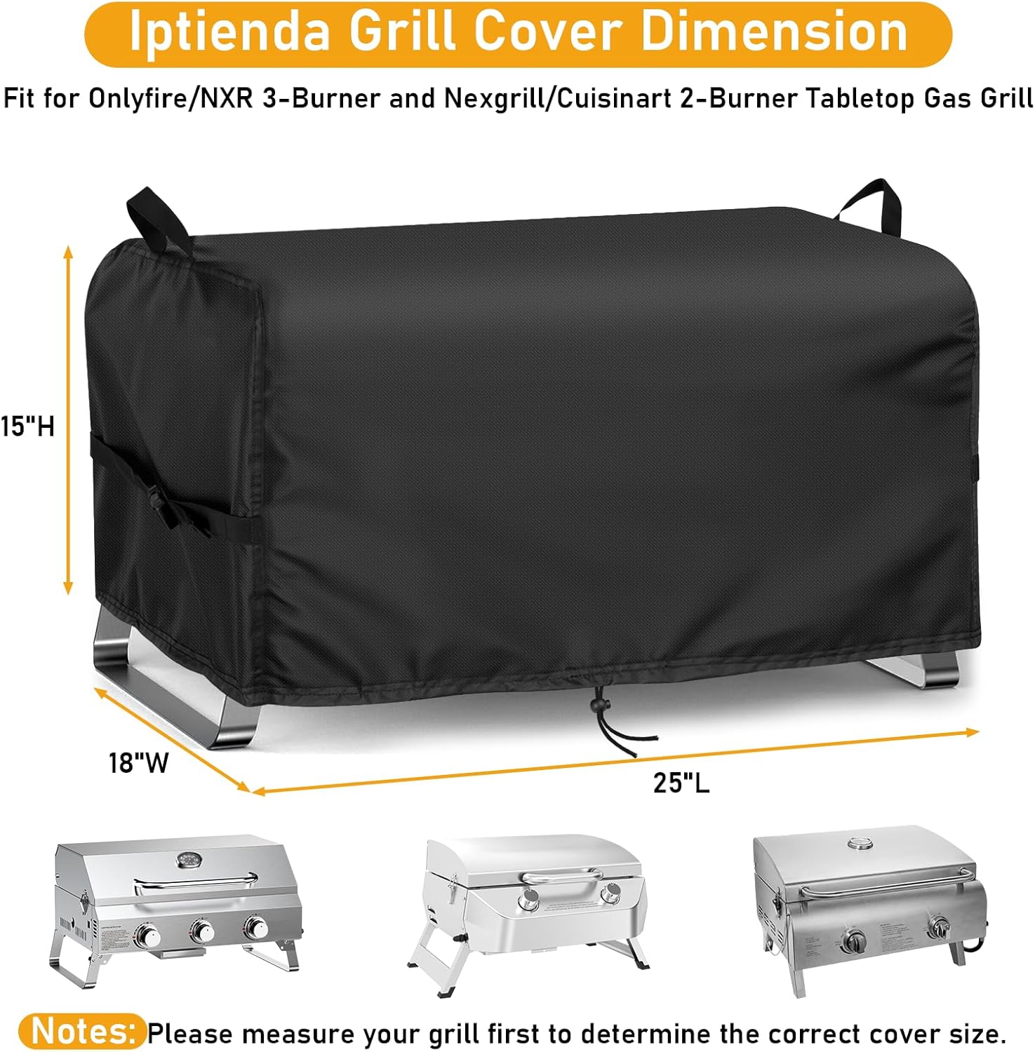 Grill Cover for ONLYFIRE 3 Burner Portable Gas Grill GS307, 25inch Outdoor BBQ Grill Cover Waterproof for Cuisinart CGG-306,Nexgrill 820-BC002-25 L x 18" W x 15" H