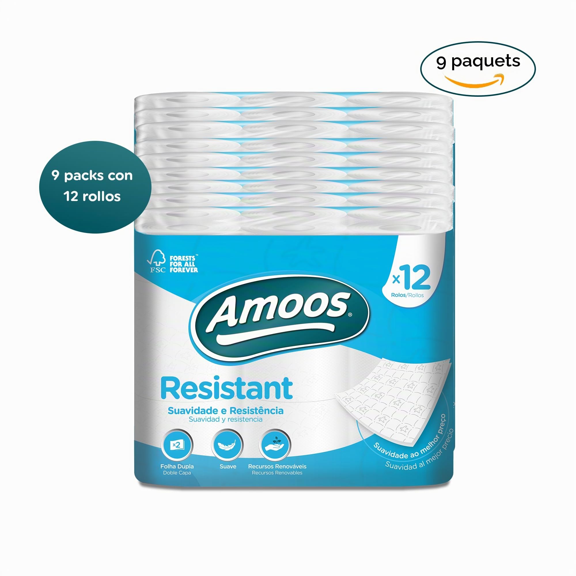 Amoos Resistant Lot de 6 paquets de 12 rouleaux de papier toilette 2 couches